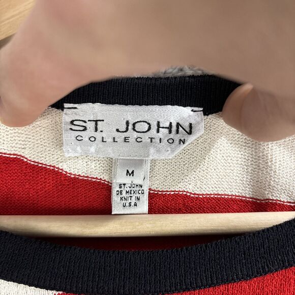 VINTAGE ST. JOHN Collection Top Womens Medium Red White Abstract Wool Blend - Picture 3 of 6